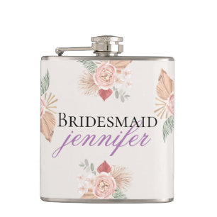 Personalized Boho Floral Heart Pink Beige Flask