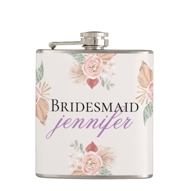Personalized Boho Floral Heart Pink Beige Flask (Front)
