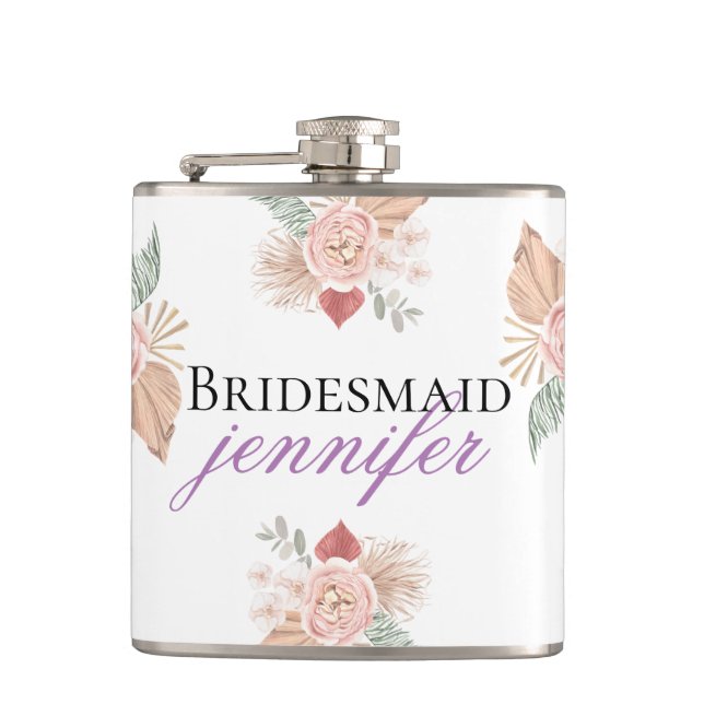 Personalized Boho Floral Heart White Flask (Front)