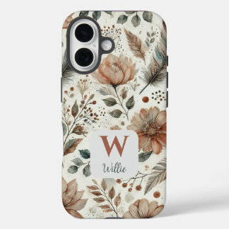 Personalized Boho Floral Monogram and Name iPhone 16 Case
