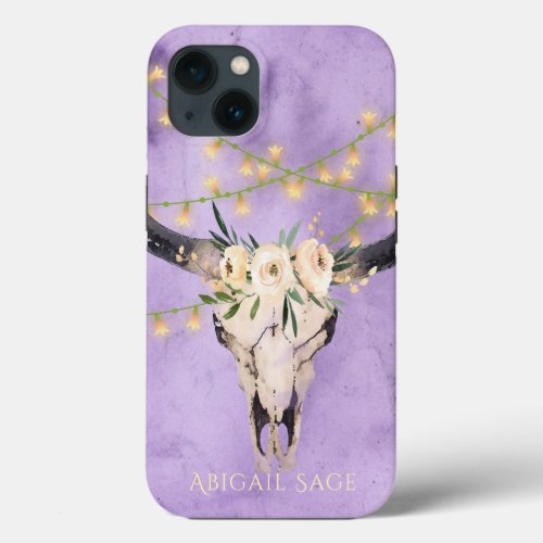 Personalized Boho Floral Skull and Lights Purple iPhone 13 Case