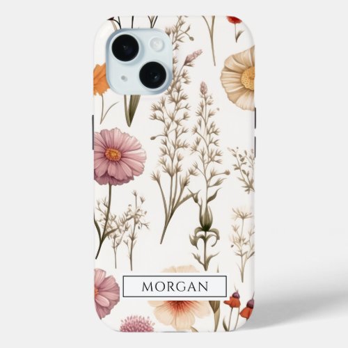 Personalized Boho Floral Wildflower  iPhone 15 Case