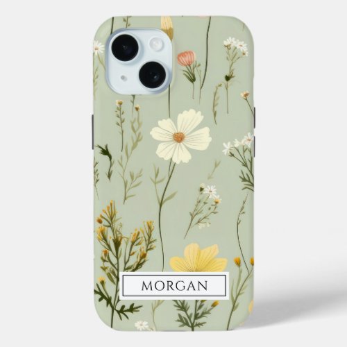 Personalized Boho Floral Wildflower Sage Green iPhone 15 Case