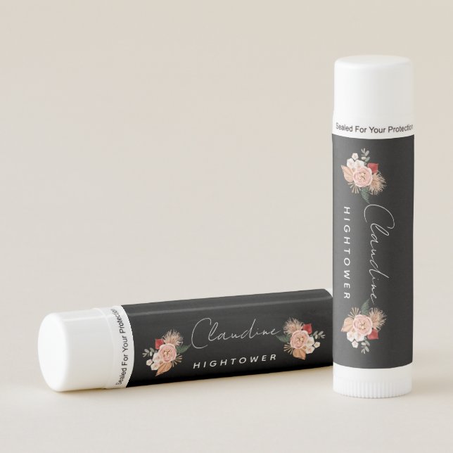Personalized Boho Florals Black & White Lip Balm (Front)