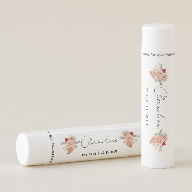 Personalized Boho Florals on White & Black Lip Balm (Front)