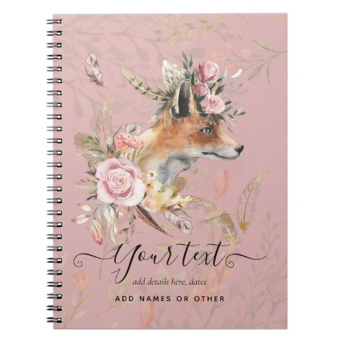 PERSONALIZED Boho Fox Feathers Commemorative Gift Notebook