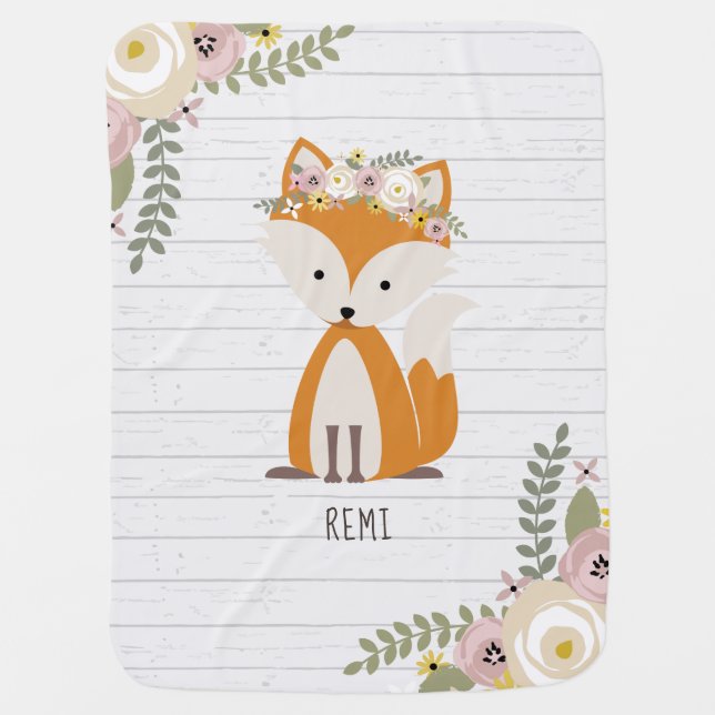 Personalized Boho Fox Floral Baby Blanket Wood (Front)