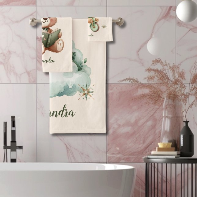 Personalized Boho Green Teddy Bear Bath Towel Set (Creator Uploaded)