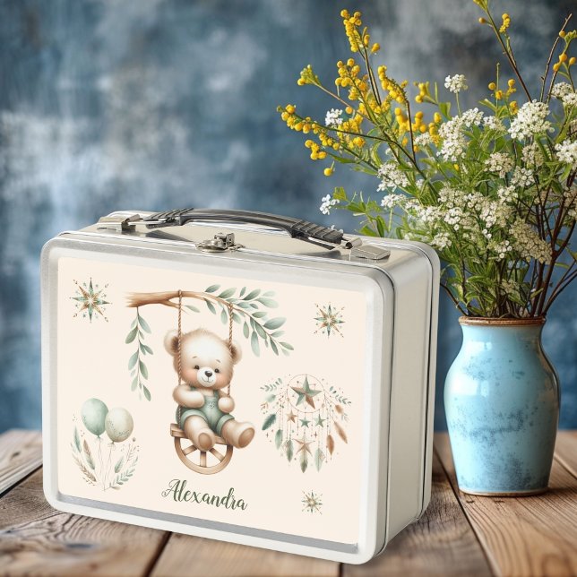 Personalized Boho Green Teddy Bear Metal Lunch Box (Creator Uploaded)