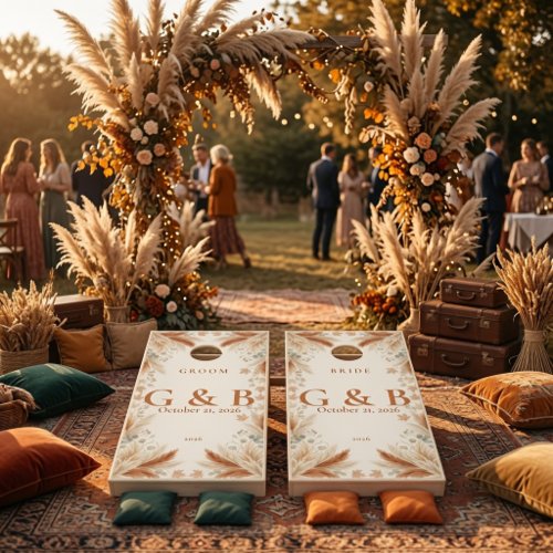 Personalized Boho Pampas Grass Wedding Cornhole Set