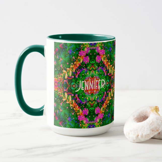 Personalized Boho Pattern Green Inspirivity Mug (With Donut)
