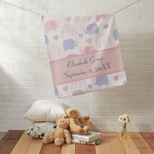 Personalized Boho Pink Blue Elephants Rainbows  Baby Blanket