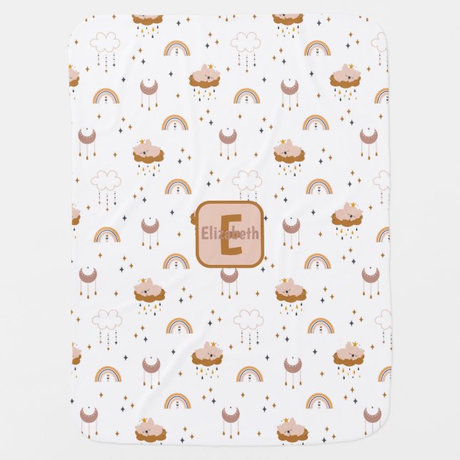 Personalized Boho Rainbow And Clouds Baby Blanket (Front)