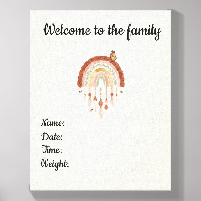 Personalized Boho Rainbow Baby Birth Announcement Canvas Photo Tile (Front Set)