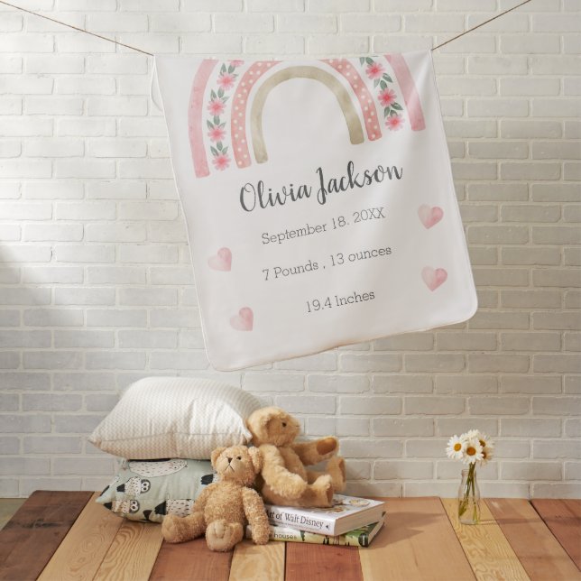 Personalized Boho Rainbow Baby with Birth Info Blanket (In Situ)