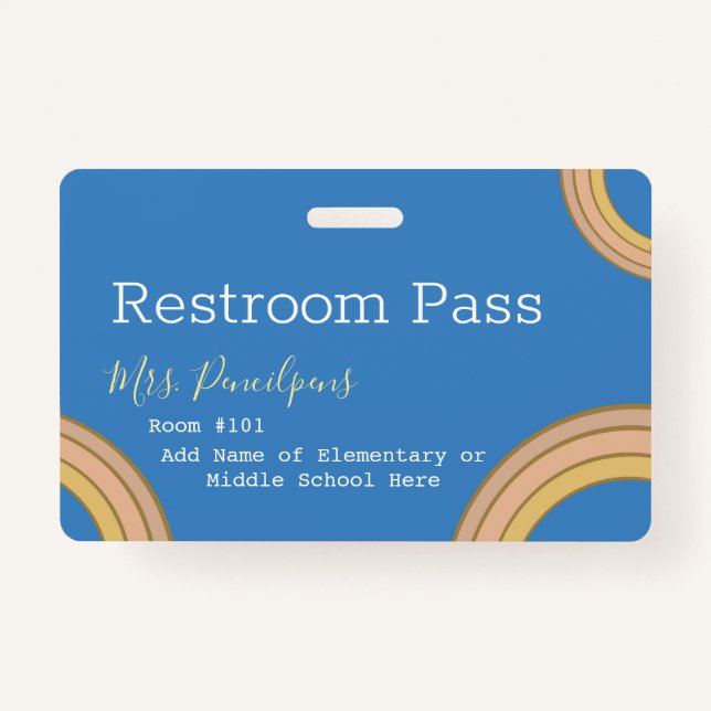 Personalized Boho Rainbow Hall Pass Blue Badge (Back)