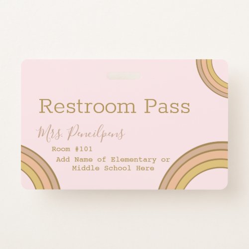 Personalized Boho Rainbow Hall Pass Pink Badge