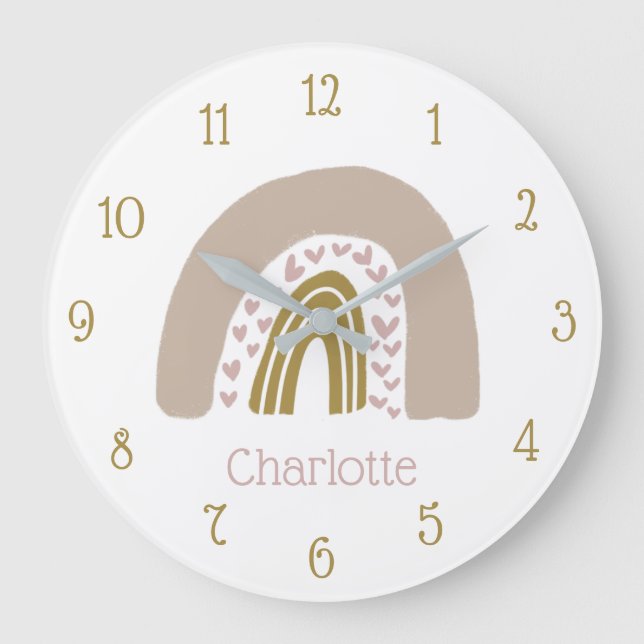 Personalized Boho Rainbow Pink Gold Large Clock (Front)