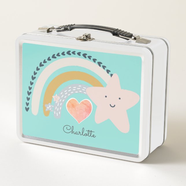 Personalized Boho Rainbow Pink Heart  Metal Lunch  Box (Front)