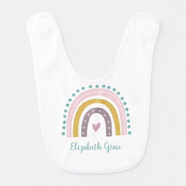 Personalized Boho Rainbow Pink Teal Gold Hearts  Baby Bib (Front)