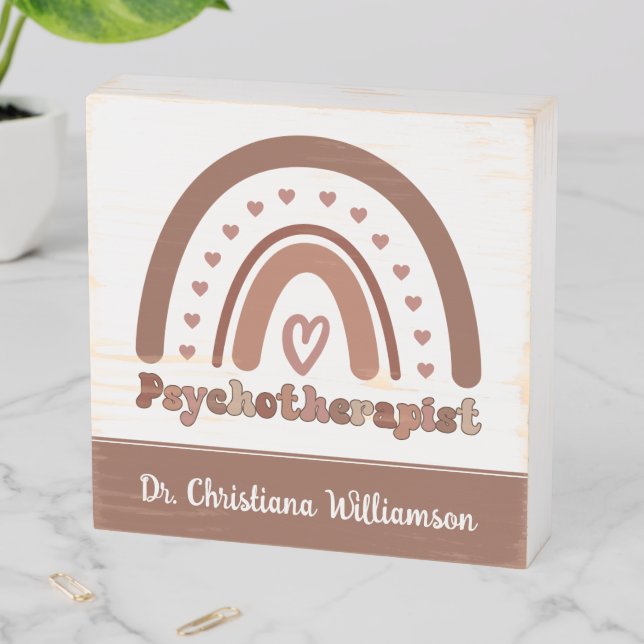 Personalized Boho Rainbow Psychotherapist  Wooden Box Sign (In Situ Horizontal)