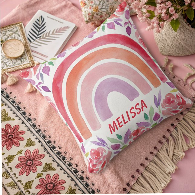 personalized Boho Rainbow with Flowers Throw Pillow (Creator Uploaded)