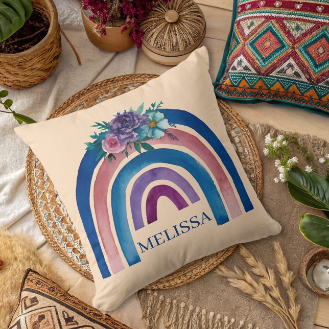 personalized Boho Rainbow with Flowers  Throw Pillow (Creator Uploaded)