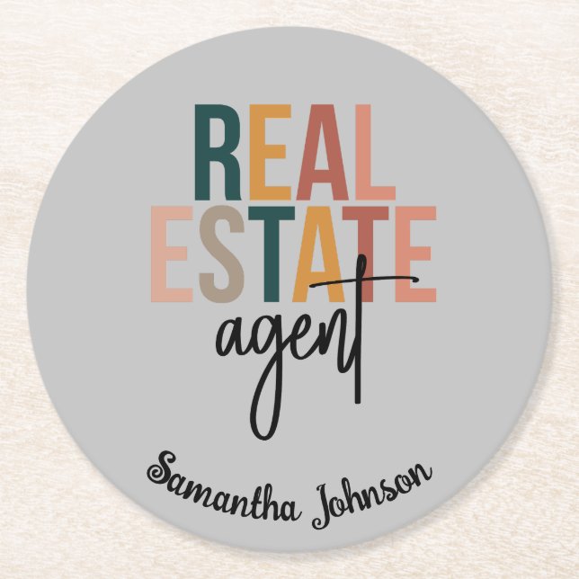 Personalized Boho Real Estate Agent Gift Round Paper Coaster (Front)