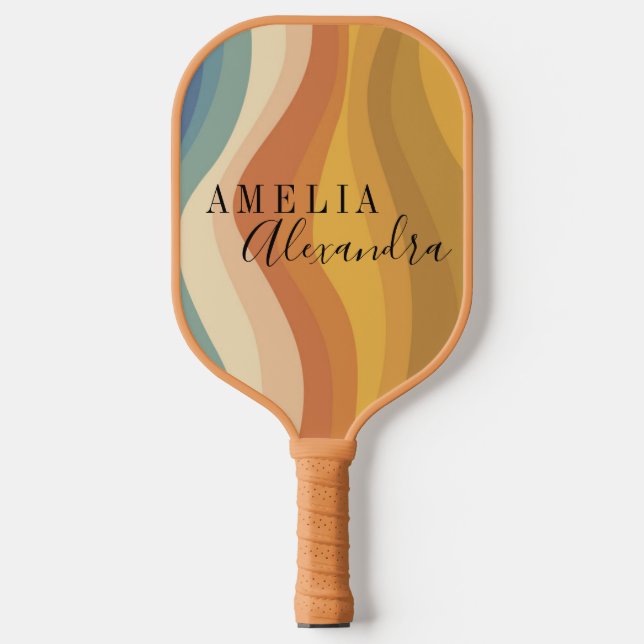 Personalized Boho Retro Script Abstract Wavy Lines Pickleball Paddle (Front)