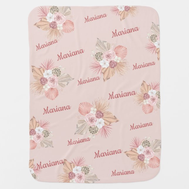 Personalized Boho Rose Baby Blanket with Florals (Front)