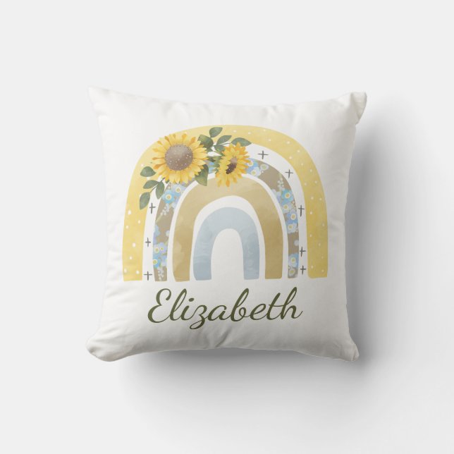 Personalized Boho Sunflower Rainbow Name Girl  Throw Pillow (Front)