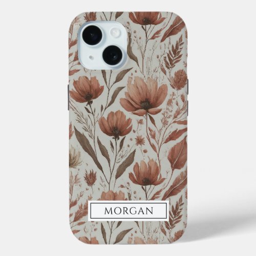Personalized Boho Terracotta Floral Wildflower  iPhone 15 Case
