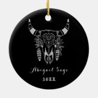 Personalized Boho Tribal Skull Black and White Ceramic Ornament