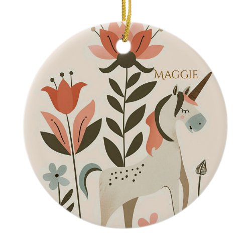 Personalized Boho Unicorn Wildflower Ceramic Ornament