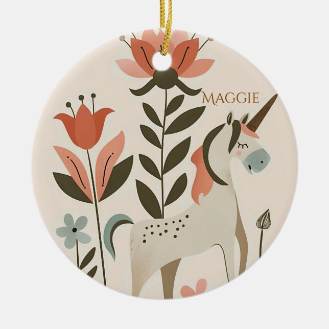 Personalized Boho Unicorn Wildflower Ceramic Ornament (Front)