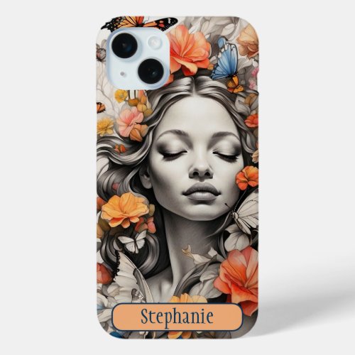 Personalized Boho Vintage Butterfly Floral Art iPhone 15 Plus Case