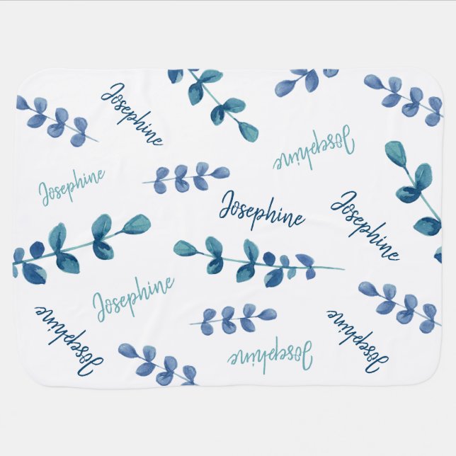Personalized Boho Watercolor Eucalyptus Green Baby Blanket (Horizontal)