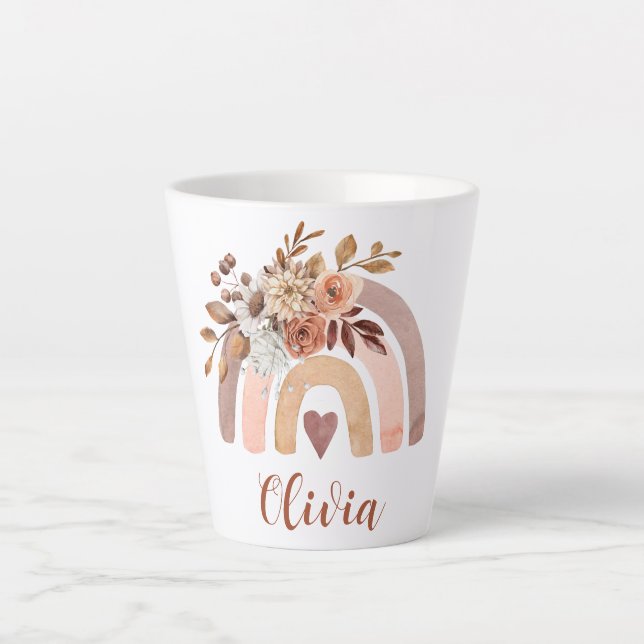 Personalized Boho Watercolor Floral Rainbow Latte Latte Mug (Front)