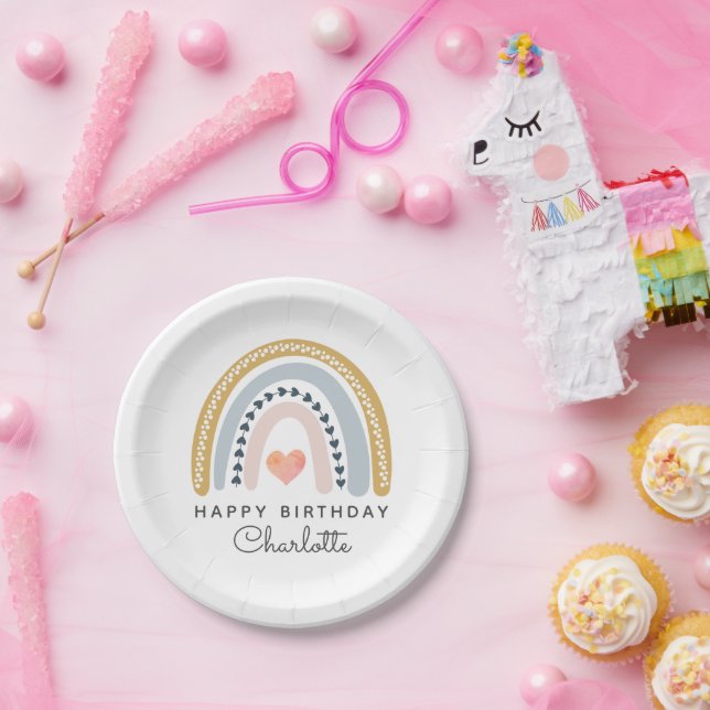 Personalized Boho Watercolor Rainbow Birthday Paper Plates (Party)