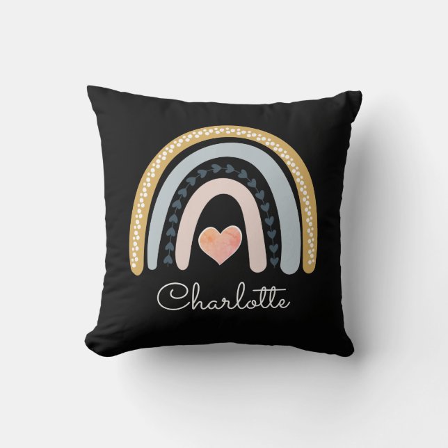 Personalized Boho Watercolor Rainbow Black  Throw  Pillow (Front)