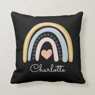 Personalized Boho Watercolor Rainbow Black  Throw  Pillow
