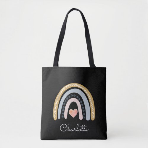 Personalized Boho Watercolor Rainbow Black Tote Bag