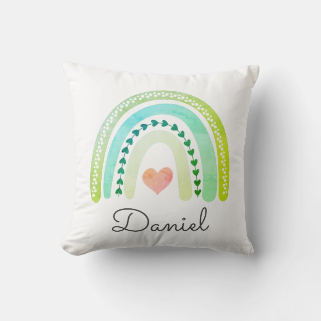Personalized Boho Watercolor Rainbow Name Boy Throw Pillow (Front)