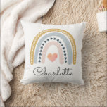 Personalized Boho Watercolor Rainbow Name Girl Throw Pillow<br><div class="desc">Boho watercolor Rainbow with hearts throw pillow with a whimsical script typeface for a baby nursery or young toddler child's bedroom. Pastel pink blue colors and hearts.</div>