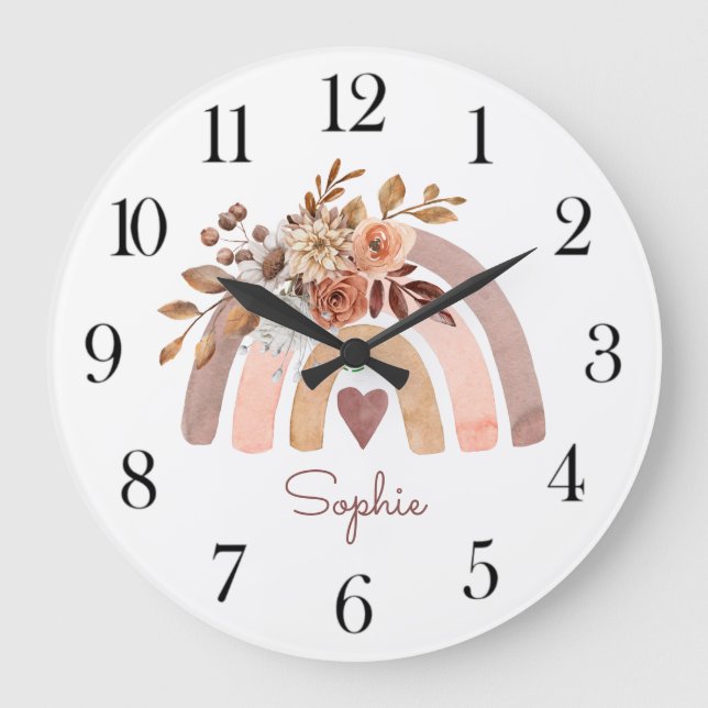 Personalized Boho Watercolor Rainbow Nursery Large Clock (Front)