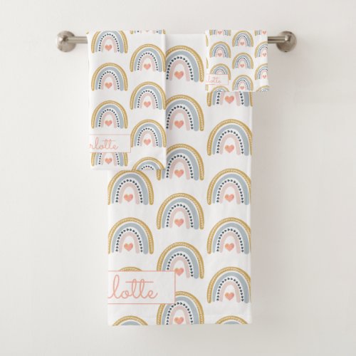 Personalized Boho Watercolor Rainbow Pattern  Bath Towel Set