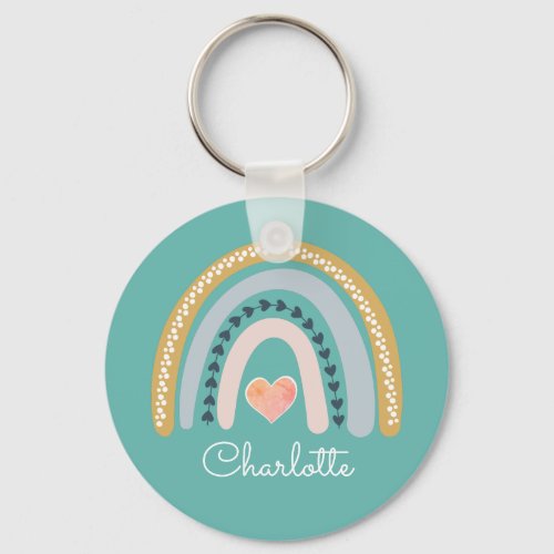 Personalized Boho Watercolor Rainbow Turquoise Keychain