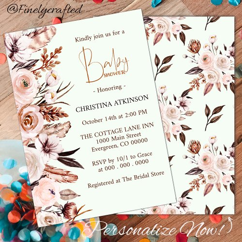 Personalized Boho Wildflower Baby Girl Shower  Invitation