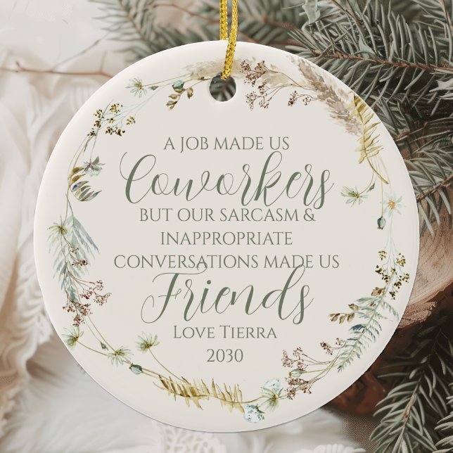 Personalized Boho Wildflower Coworker Christmas Ceramic Ornament (Creator Uploaded)