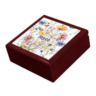 Personalized Boho Wildflowers Wooden Jewelry Gift Box